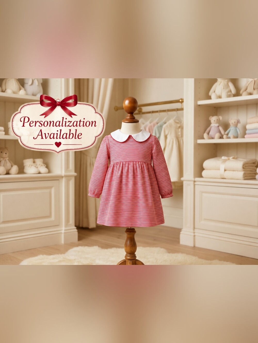 Bayou Blanks Red White Striped Dress Peter Pan Collar Sz 2T Personalized